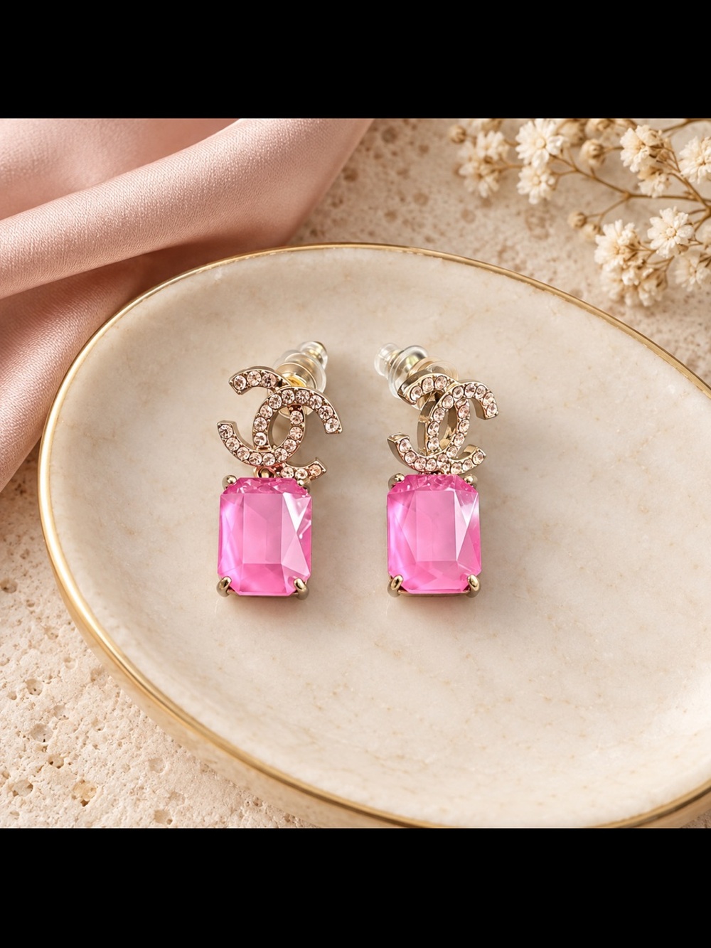 CHANEL Rose Pink Crystal CC Drop Earrings